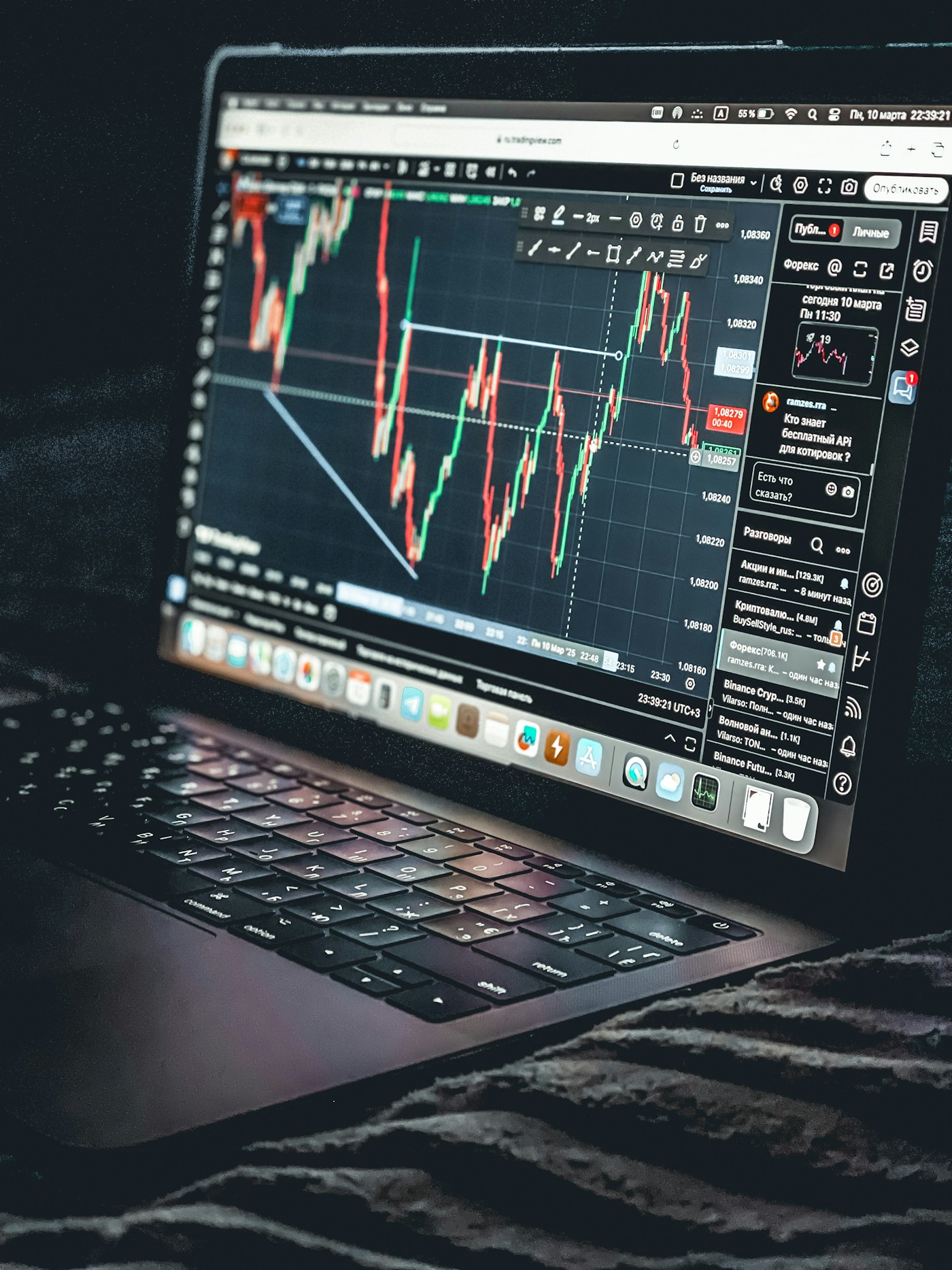 A laptop showing a candlestick trading chart